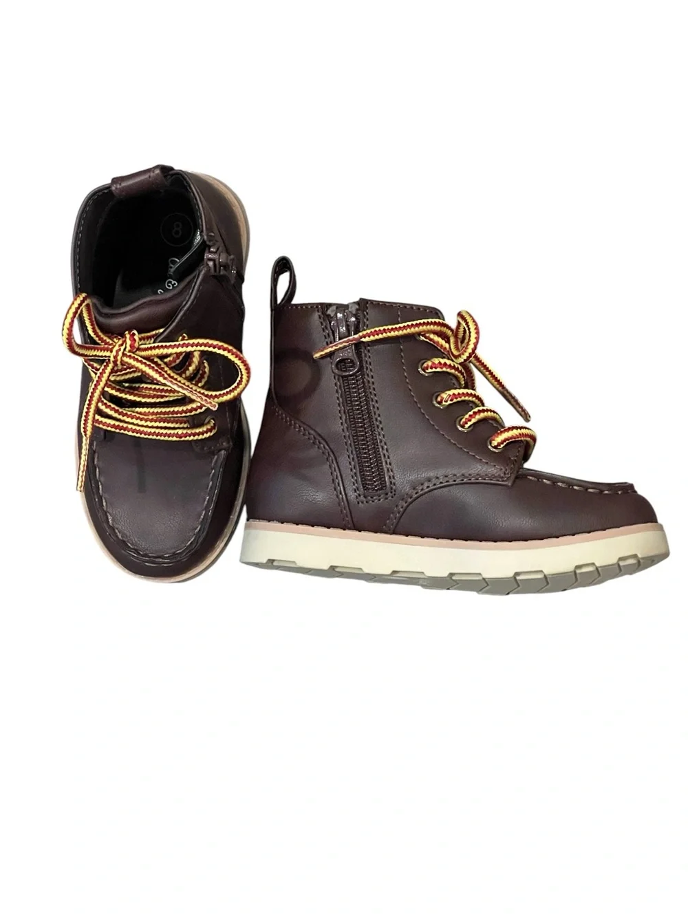 Cat & Jack Greyson Brown Lace-Up Ankle Boots with Yellow-Orange Laces Side Zip